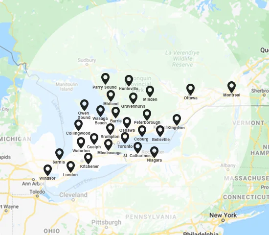 Map highlighting service areas of Canadian Water Compliance, with markers over Toronto, Mississauga, Brampton, and surrounding areas from Windsor to Montreal.
